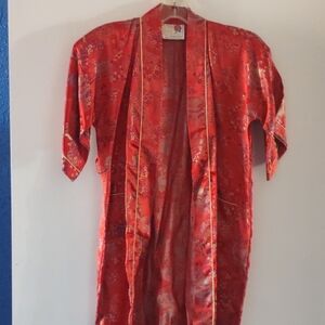 Vintage Red Satin Floral Kimono Robe